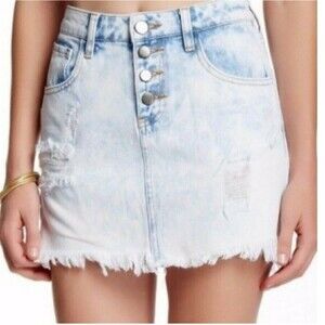 Ashley Mason Acid Wash buttonfly denim Jean Raw Hem Mini Skirt